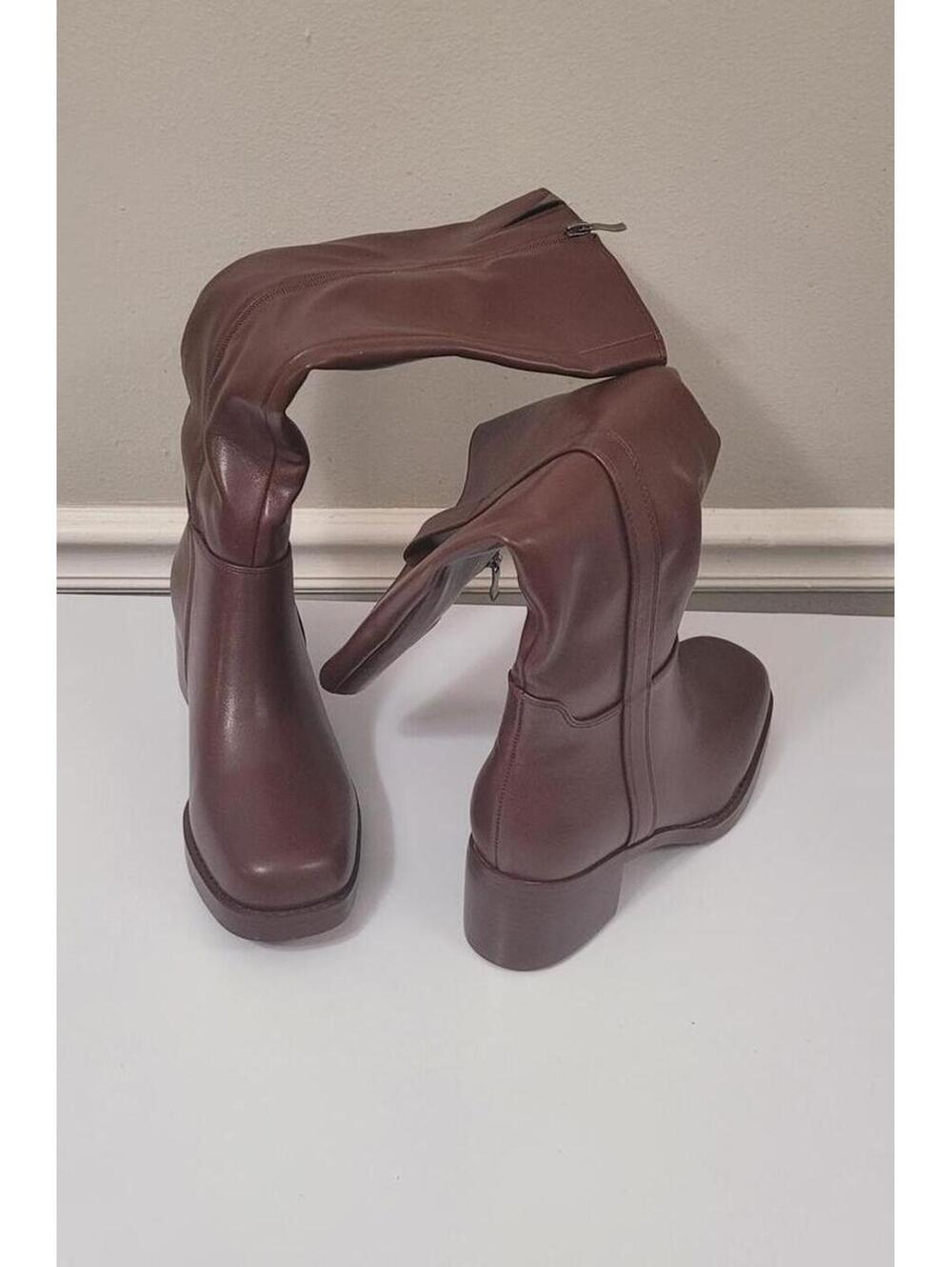 WETKISS Women's Brown Mid-Calf platform Block Heel Boots Size 7.5